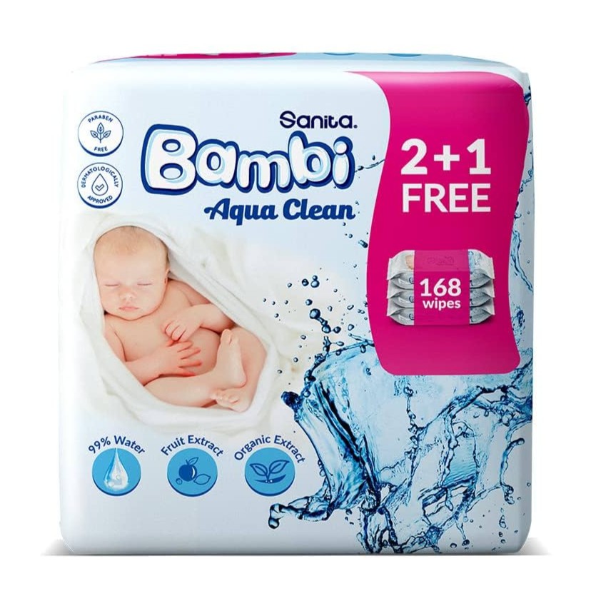 SANITA BAMBI BABY WET WIPES AQUA CLEAN 56S X 3