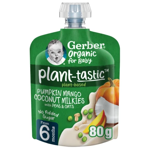 GERBER ORGANIC PUMKIN MANGO COCONUT MILKIES WITH PEAS&OATS 80GM